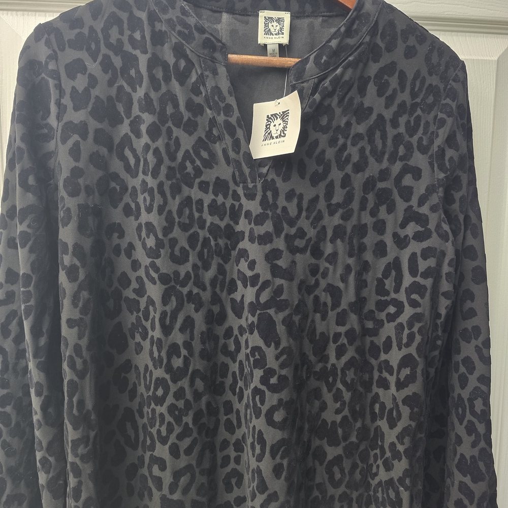 Anne Klein Black Leopard Print Velvet Burnout Top